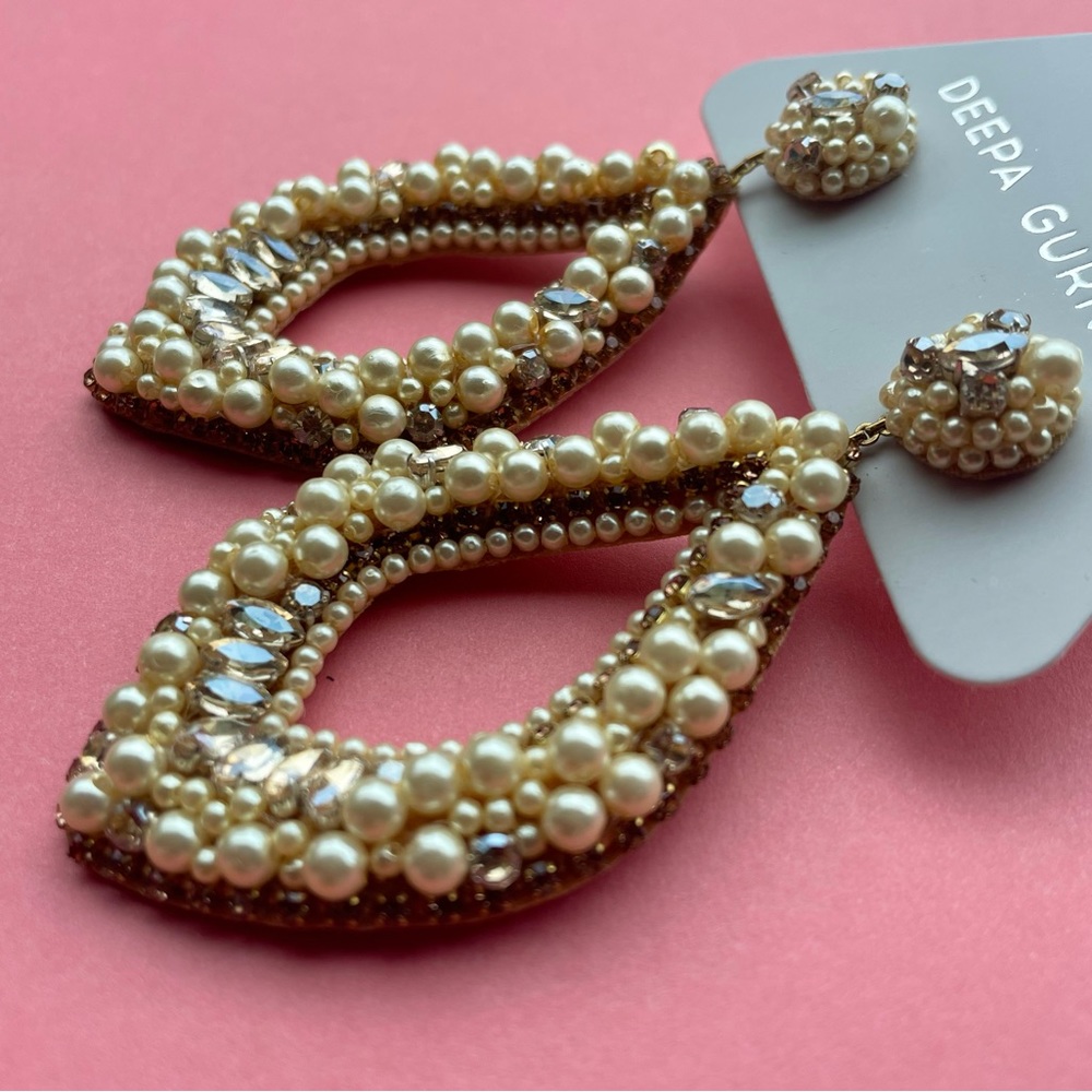 Deepa Gurnani Pearl & Rhinestone Statement Chandelier Earrings Ivory NWT - Picture 4 of 14